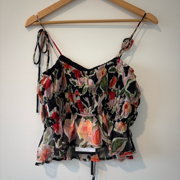 NWT En Saison Eden Chiffon Tank Top Blk Multicolor Floral Adjustable Tied Blouse - Picture 4 of 8